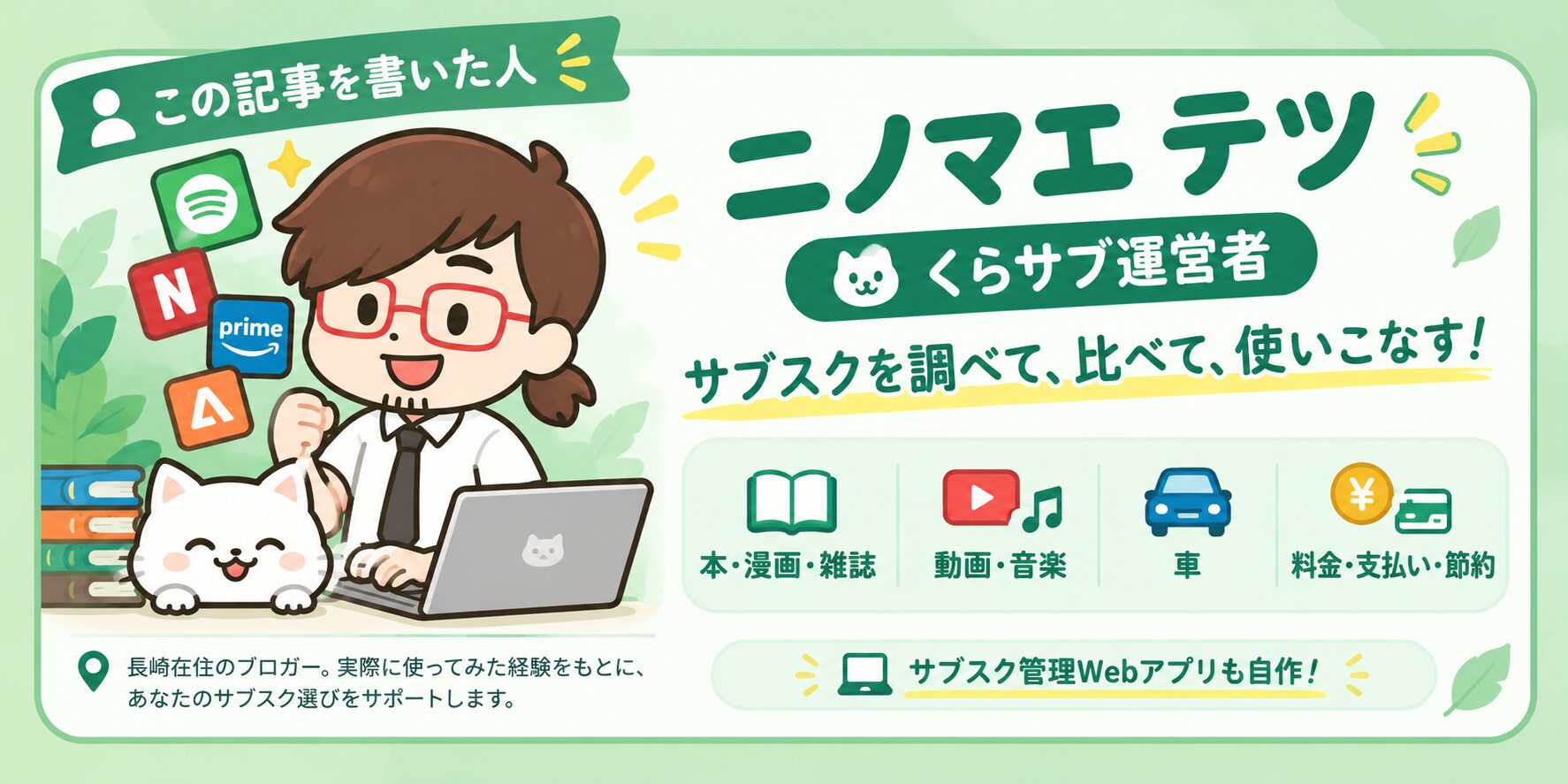 くらサブ運営者ニノマエテツと白猫のプロフィールイラスト
